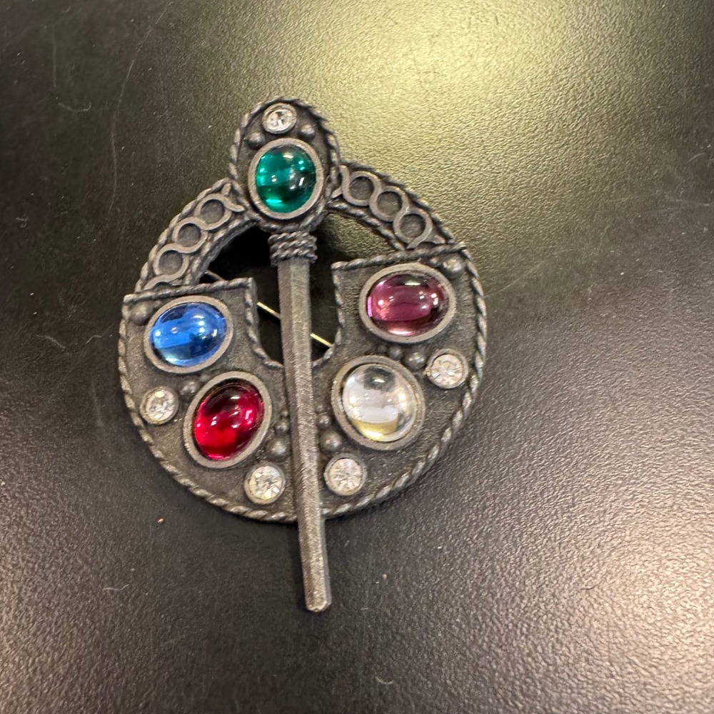 Celtic Penannular Brooch Women Silver Multicolor Jewel Cabochon Rhinestone